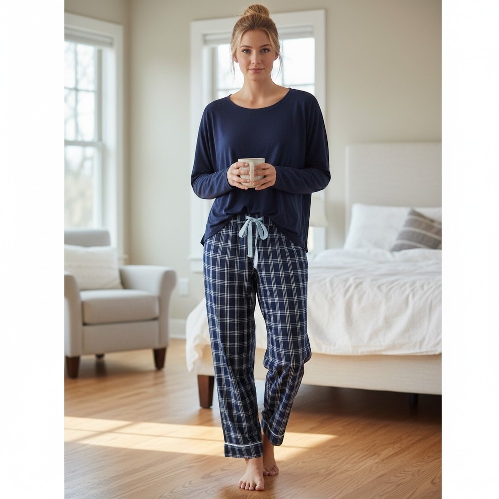 GapBody Long Sleeve Top & State of Day Plaid Pajama Pants Pajamas Loungewear LG